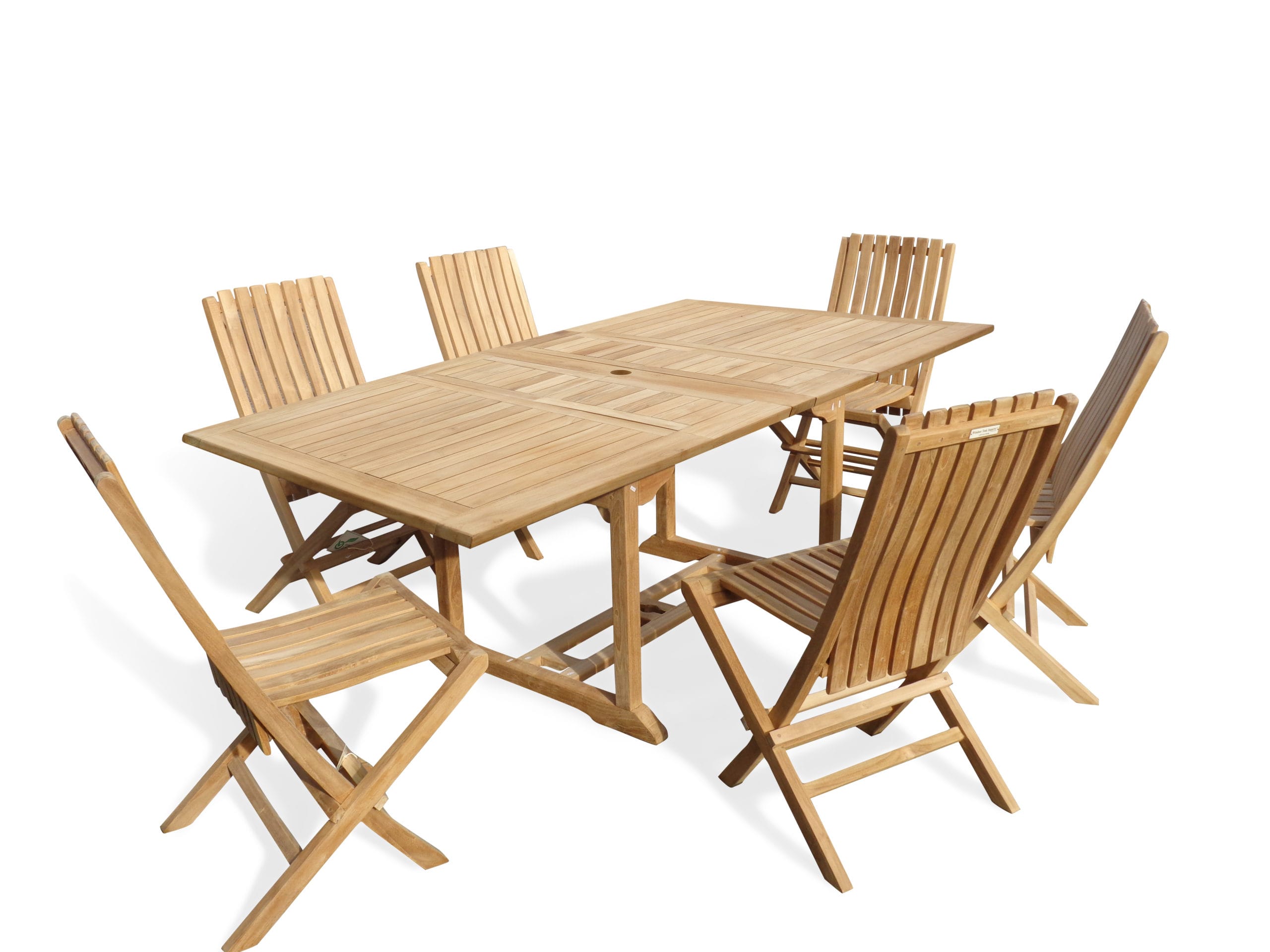 Buckingham 82" x 39" Double Leaf Rectangular Extension Teak Table W/ 6 Java Folding Chairs w/ Lumbar Support