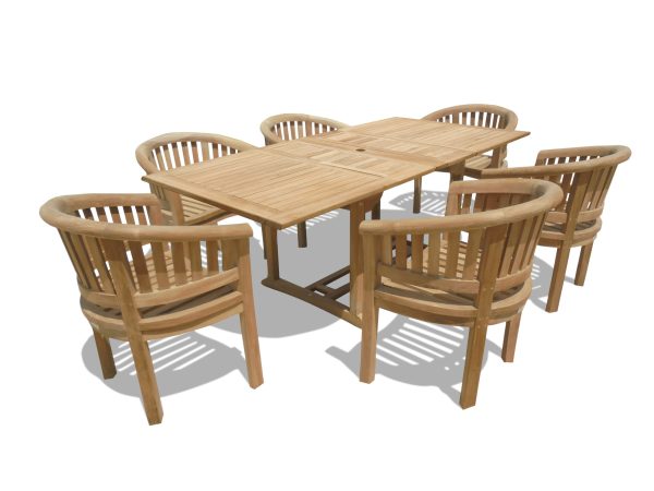 82 x 39" Rectangular Double Leaf Teak Extension Table W/6 Impressive Kensington Curved Arm Chairs