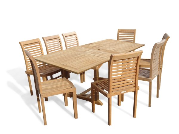 Buckingham 82" x 39" Double Leaf Rectangular Extension Teak Table W/8 Casa Blanca Armless Stacking Chairs