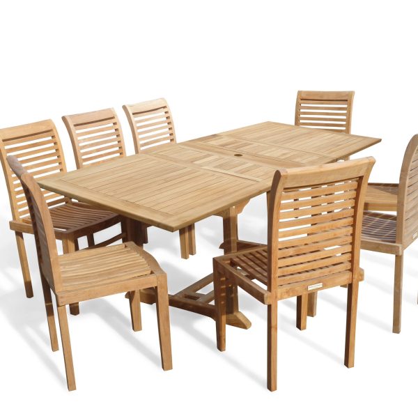 Buckingham 82" x 39" Double Leaf Rectangular Extension Teak Table W/8 Casa Blanca Armless Stacking Chairs