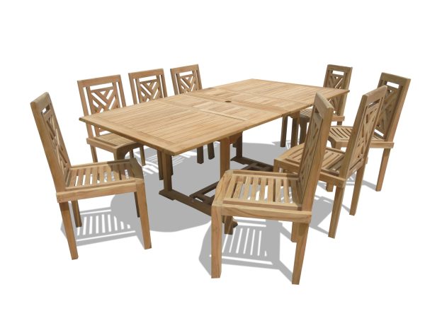 Buckingham 82" x 39" Double Leaf Rectangular Extension Teak Table W/8 Chippendale Stacking Chairs...seats 8