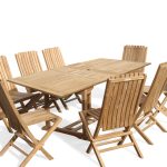 Buckingham 82" x 39" Double Leaf Rectangular Extension Teak Table W/ 8 Java Folding Chairs w/ Lumbar Support