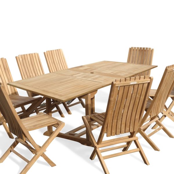 Buckingham 82" x 39" Double Leaf Rectangular Extension Teak Table W/ 8 Java Folding Chairs w/ Lumbar Support