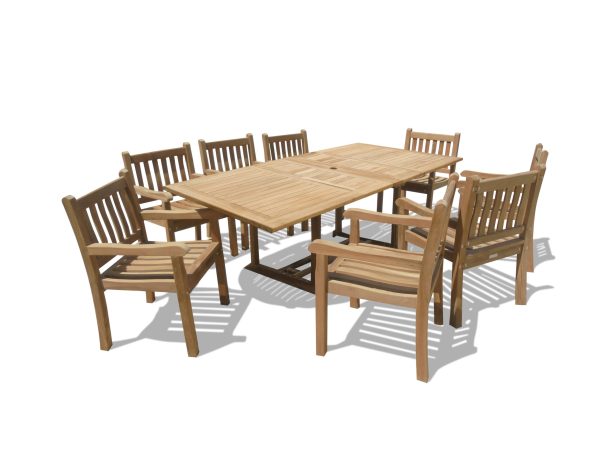 Buckingham 82 x 39" Rectangular Double Leaf Teak Extension Table w/ 8 Majestic Windsor Arm Chairs.