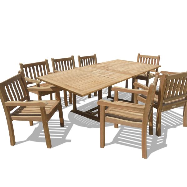 Buckingham 82 x 39" Rectangular Double Leaf Teak Extension Table w/ 8 Majestic Windsor Arm Chairs.