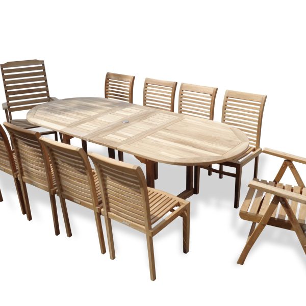 Buckingham 95" x 39" Oval Teak Extension Table w/8 Armless Casa Blanca Stacking Chairs & 2 Reclining Folding Chairs