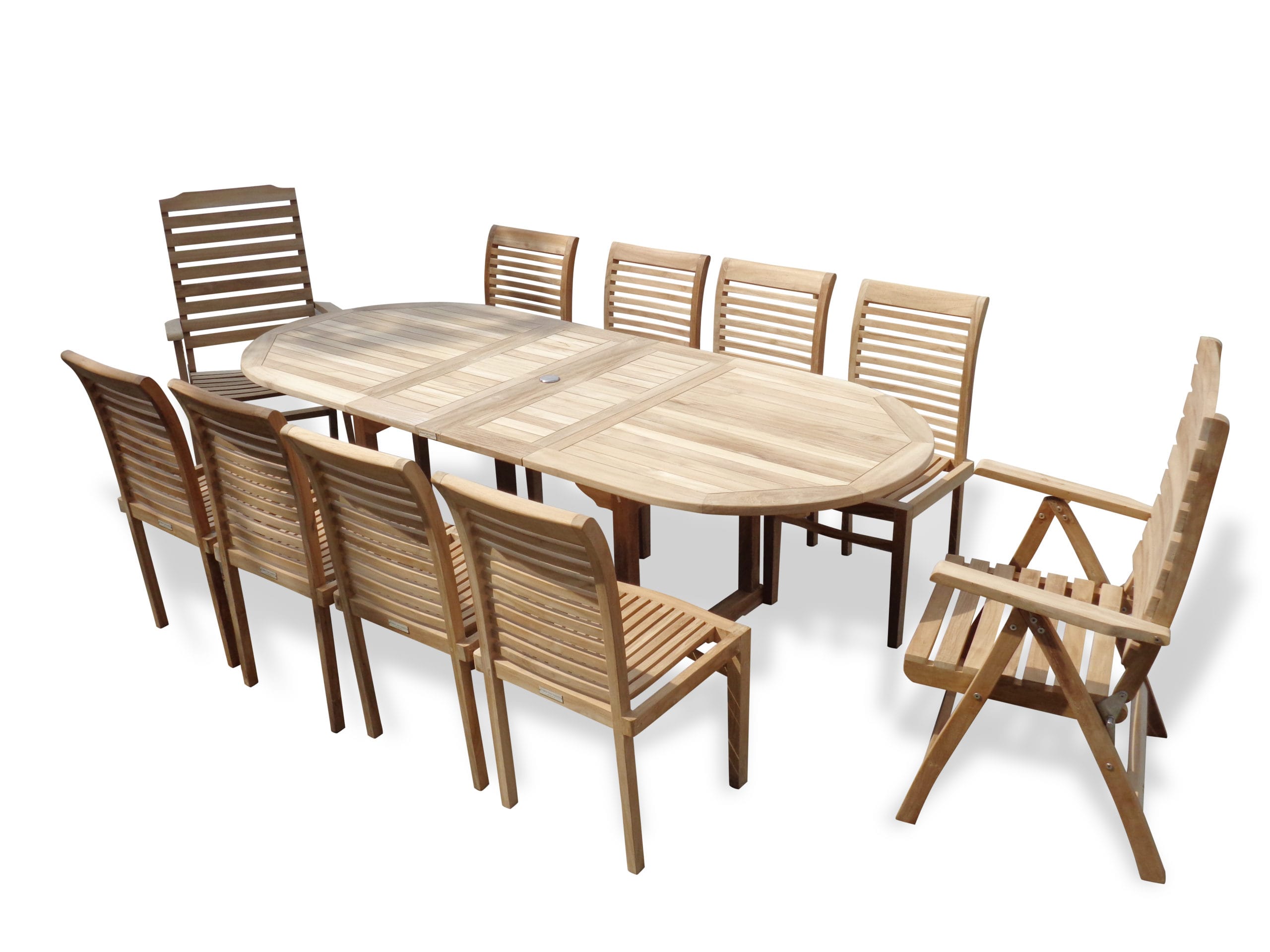 Buckingham 95" x 39" Oval Teak Extension Table w/8 Armless Casa Blanca Stacking Chairs & 2 Reclining Folding Chairs