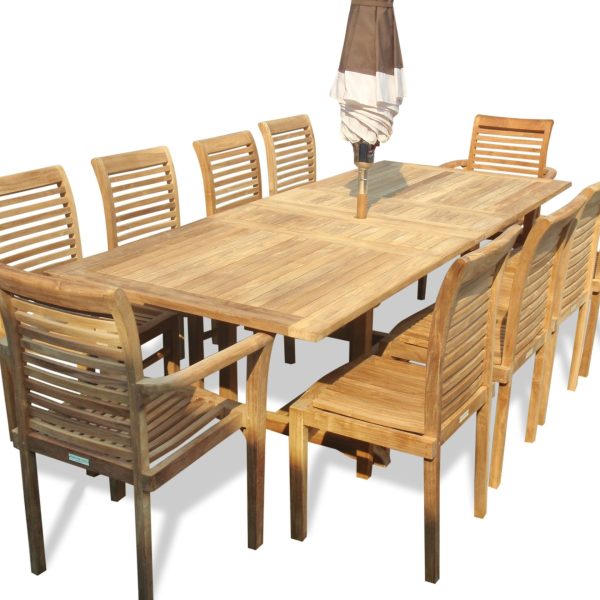 Buckingham 95" Rectangular Teak Extension Table w/ 10 Casa Blanca Stacking Chairs