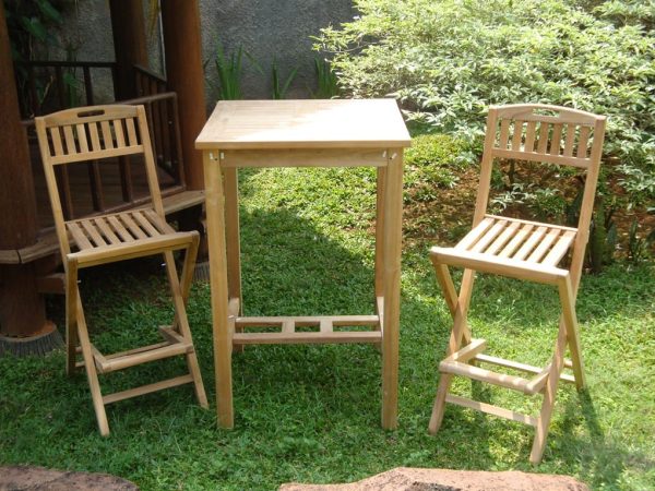 Avalon 27" Square Teak Bar Table W/2 Mallorca Teak Folding Bar Chairs