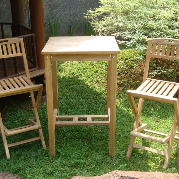 Avalon 27" Square Teak Bar Table W/2 Mallorca Teak Folding Bar Chairs