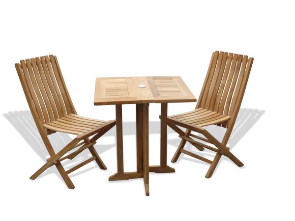 Barcelona 27" Square Drop Leaf Teak Table W/2 Java Teak Folding Chairs W/ Lumbar Support
