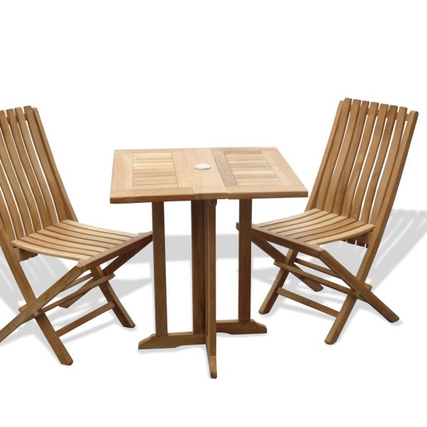 Barcelona 27" Square Drop Leaf Teak Table W/2 Java Teak Folding Chairs W/ Lumbar Support