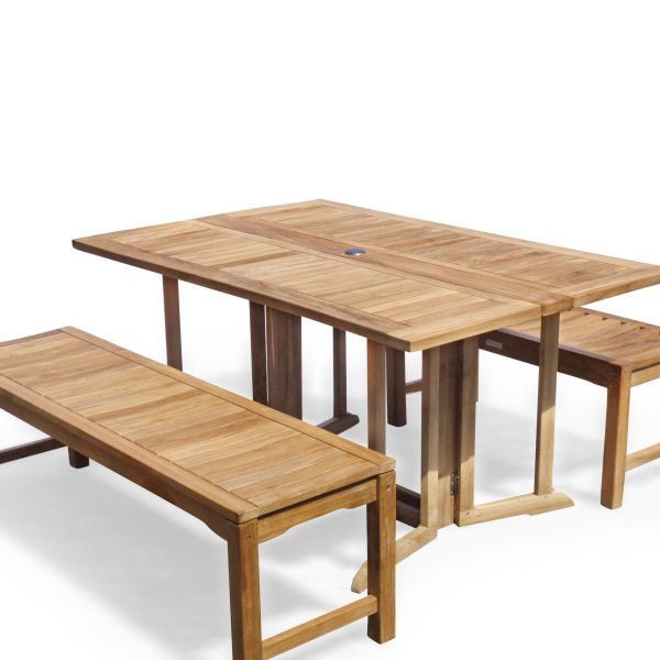 Barcelona 59" x 39" Rectangular Drop Leaf Teak Table W/two 59" Backless Benches...Seats 6