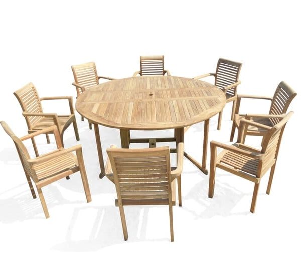 Barcelona 6 Foot Round Drop Leaf Folding Table W/8 Casa Blanca Stacking Arm Chairs