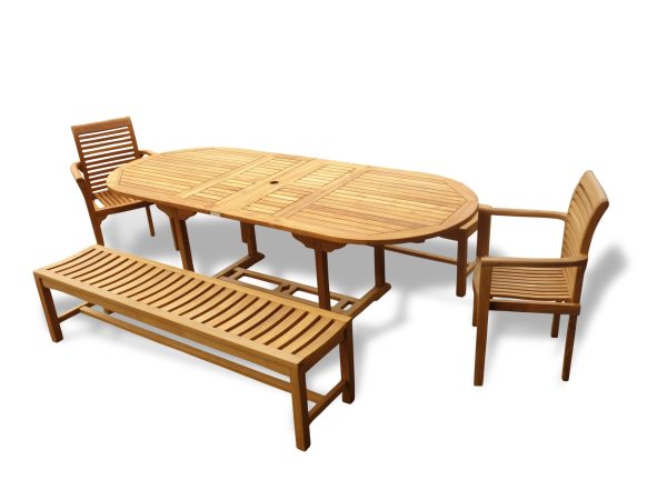 Buckingham 95" Oval Teak Extension Table w/ 2 Casa Blanca Stacking Arm Chairs & Two 72" Backless Benches