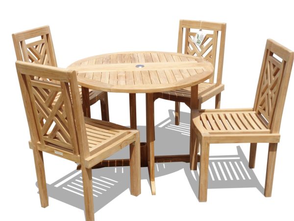 Barcelona 39" Round Drop Leaf Teak Table W/4 Chippendale Teak Stacking Chairs