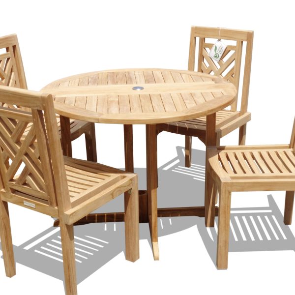 Barcelona 39" Round Drop Leaf Teak Table W/4 Chippendale Teak Stacking Chairs