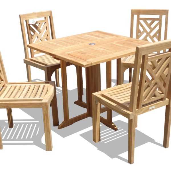 Barcelona 35" Square Drop Leaf Teak Table W/4 Chippendale Teak Stacking Chairs