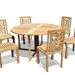Barcelona 59" Round Drop Leaf Teak Table W/6 Chippendale Teak Stacking Chairs
