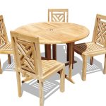 Barcelona 47" Round Drop Leaf Teak Table W/4 Chippendale Teak Stacking Chairs