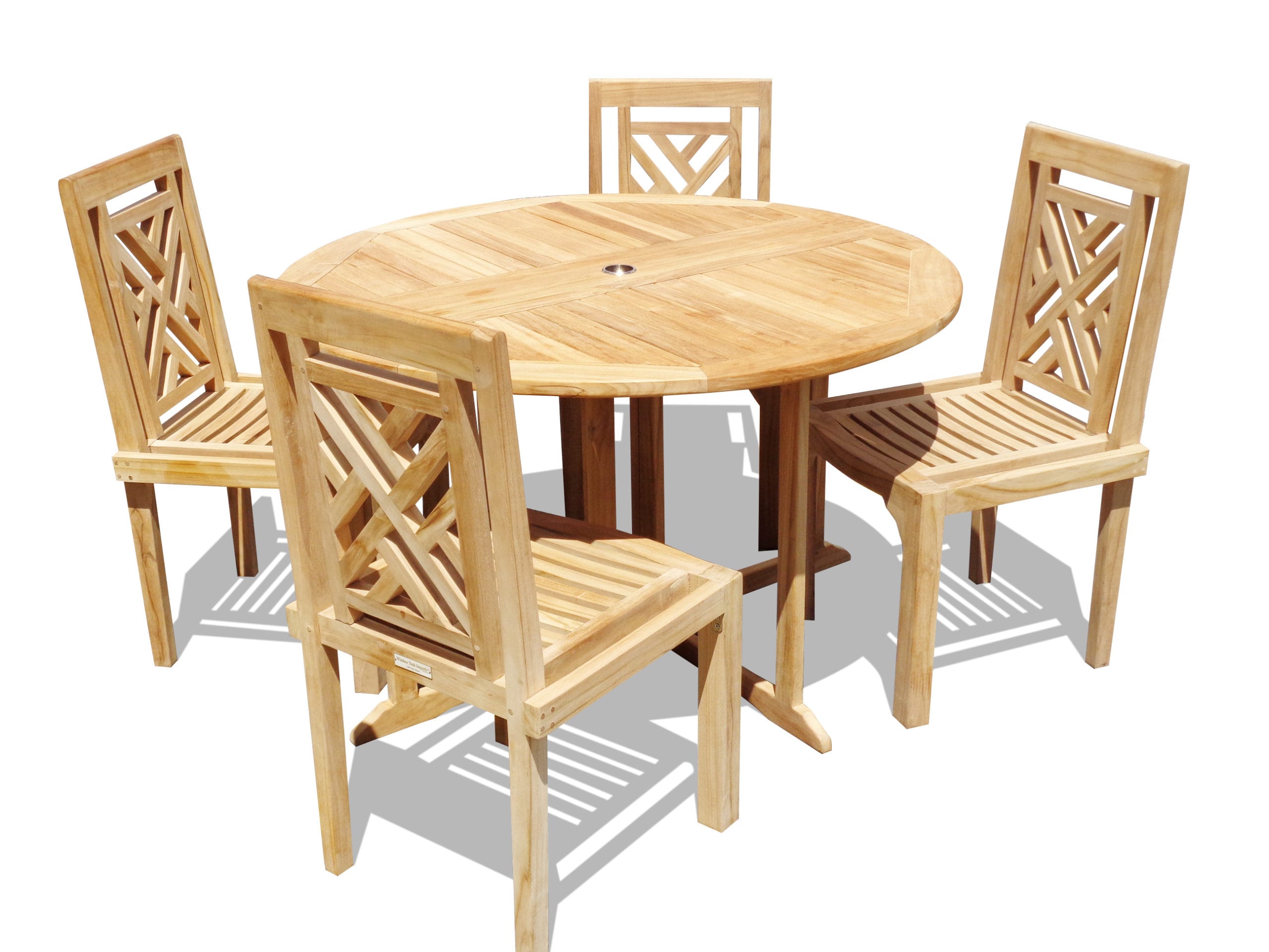 Barcelona 47" Round Drop Leaf Teak Table W/4 Chippendale Teak Stacking Chairs