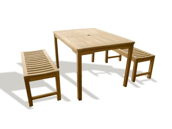 Cannes 48" x 35" Rectangular Teak Dining Table W/2 40" Teak Backless Benches