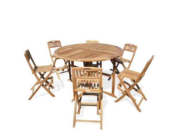 Bimini 59" Round Drop Leaf Teak Counter Table W/6 Mallorca Folding Teak Counter Chairs