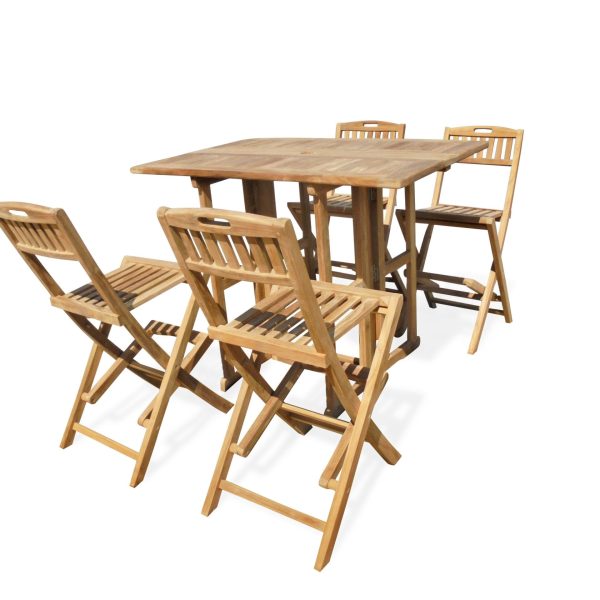 Nassau 48" x 31" Rectangular Drop Leaf Teak Bar Table W/4 Mallorca Folding Teak Bar Chairs