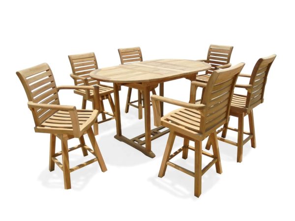 Bimini Counter 66" Double Leaf Oval Teak Extension Table w 6 St Moritz Swivel Chairs
