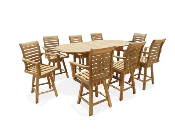 Bimini Counter Height 82" Double Leaf Oval Teak Extension Table w 8 St. Moritz Swivel Chairs