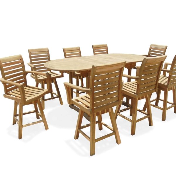 Bimini Counter Height 82" Double Leaf Oval Teak Extension Table w 8 St. Moritz Swivel Chairs