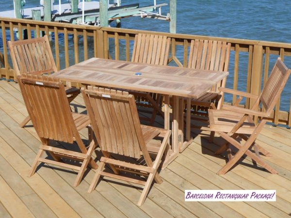 Barcelona 59" Rectangular Drop Leaf Teak Table W/4 Java Folding Teak Chairs & 2 Jakarta Folding Teak Armchairs