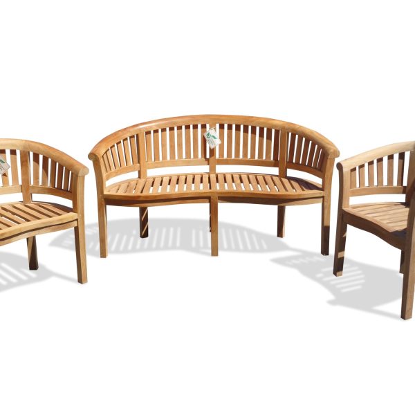 Kensington Teak 3 Pc Set, Curved 3 Seater Bench And 2 Armchairs