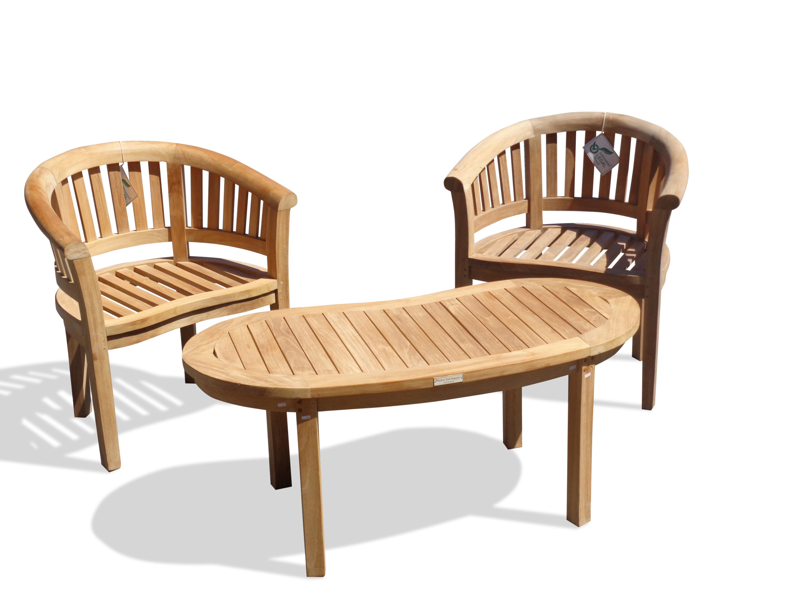 Kensington Teak 3 Pc Set,  2 Curved Armchairs and a  47" Kidney Coffee Table