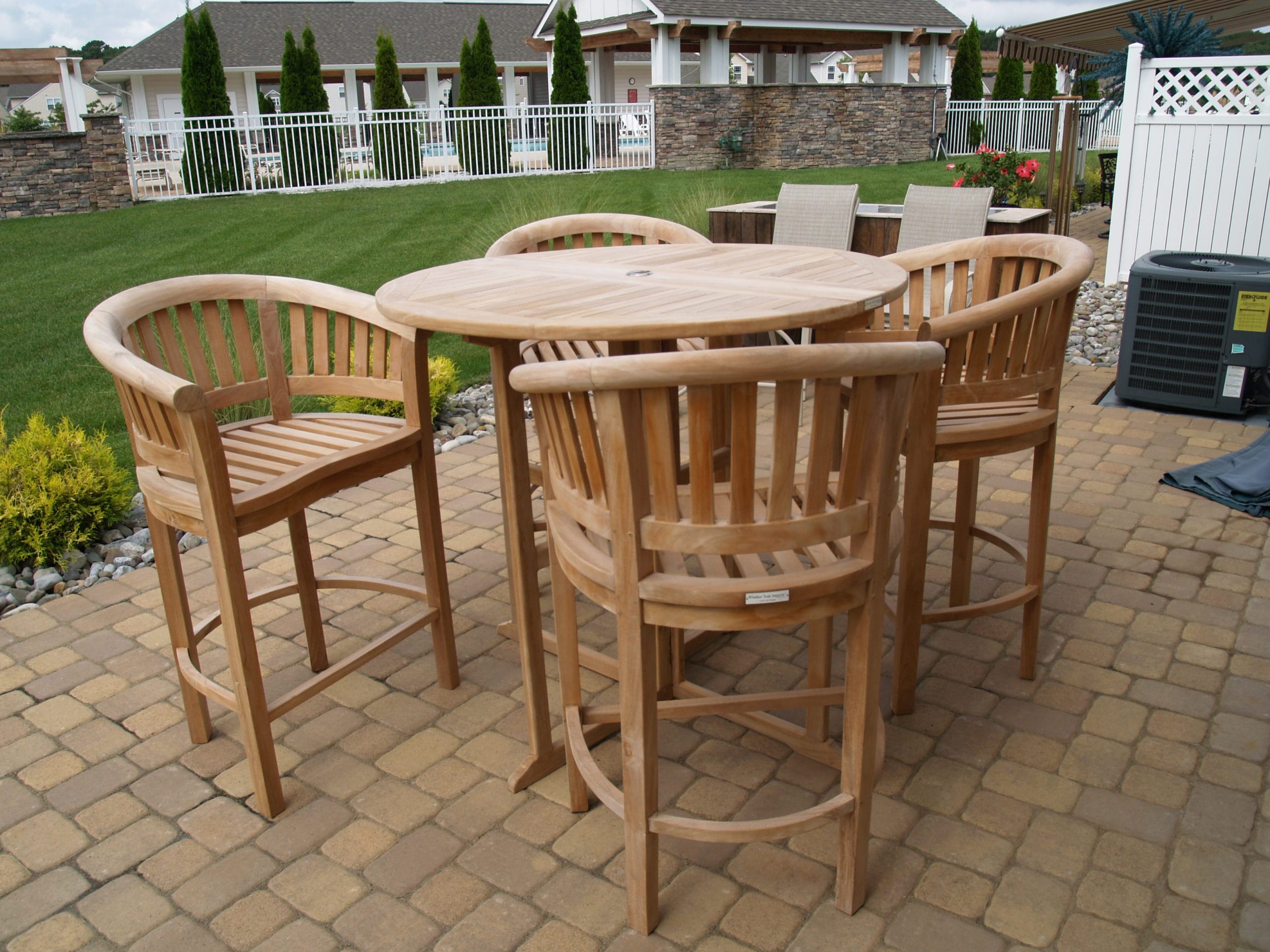 Nassau 47" Round Drop Leaf Folding Teak Bar Table W/4 Kensington Bar Chairs