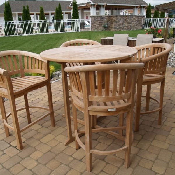 Bimini 47" Round Drop Leaf Folding Teak Counter Table W/4 Kensington Counter Chairs