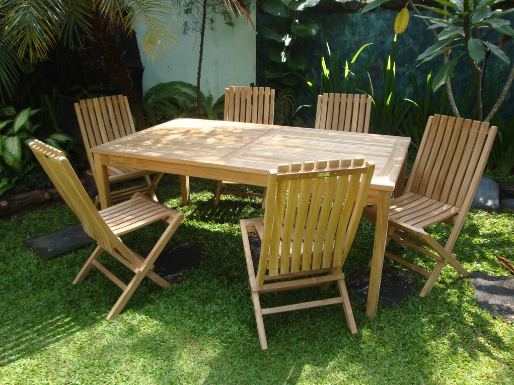 Cannes 71" x 35"  Rectangular Teak Dining Table W/ 6 Java Teak Folding Chairs w/Lumbar Support