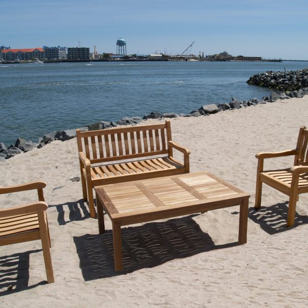 Windsor Teak 4 Pc Collection, One 48" 2 Seater Bench, W/2 Armchairs, & One Cape Cod 47" Coffee Table