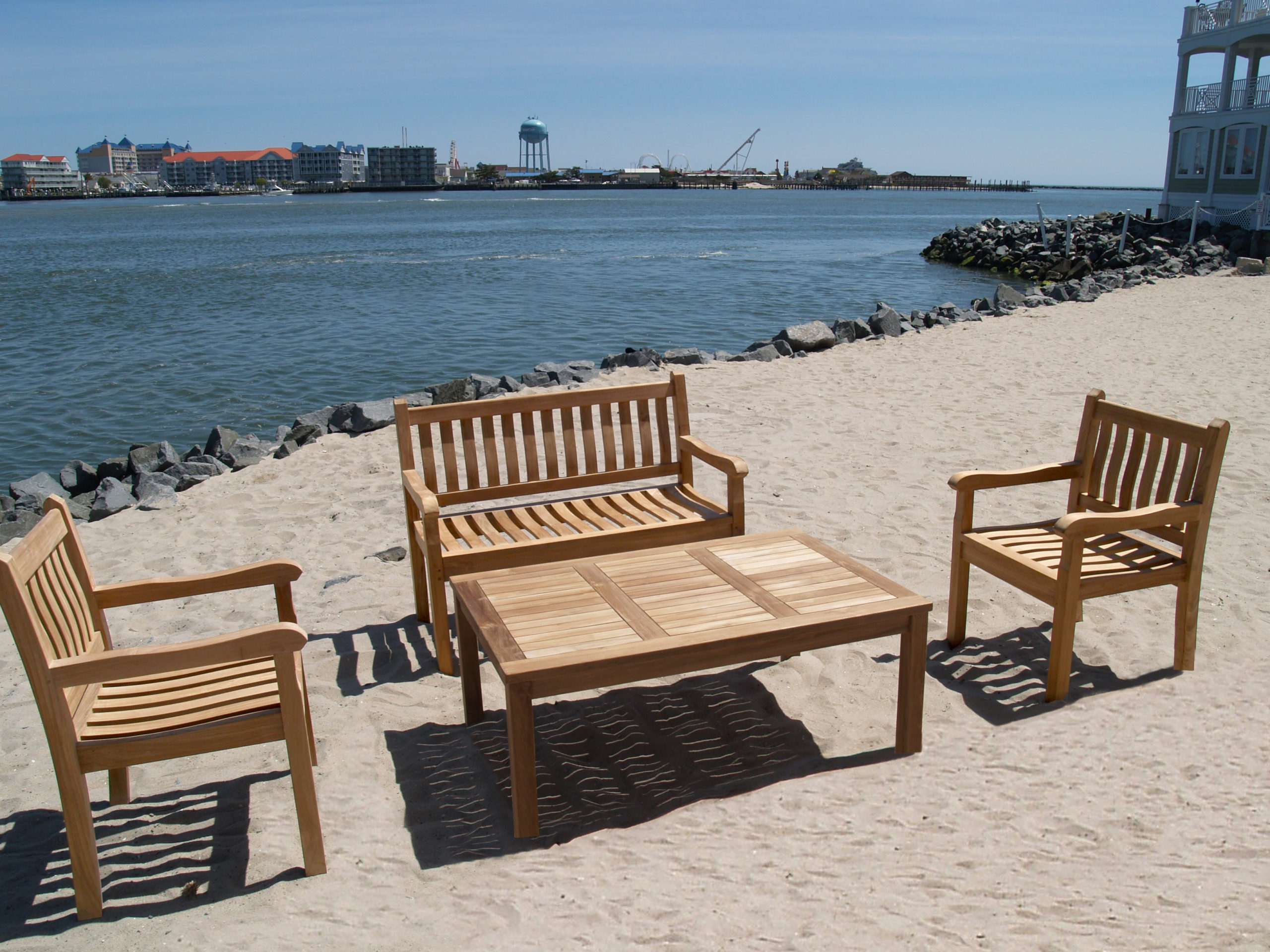 Windsor Teak 4 Pc Collection, One 48"  2 Seater Bench, W/2 Armchairs, 1 Cape Cod 47" Coffee Table