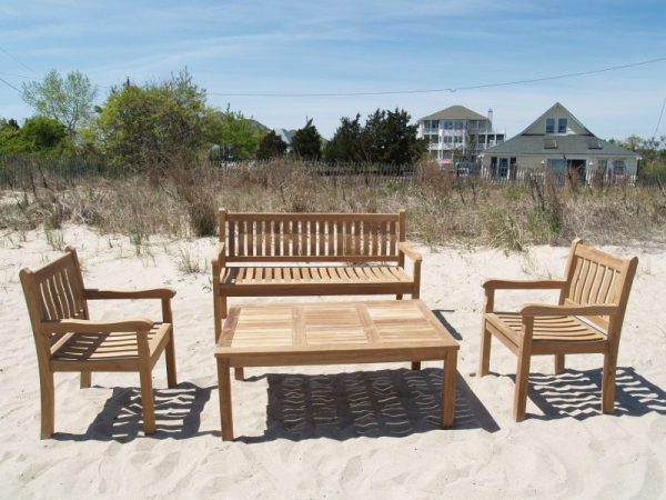Windsor Teak 4 Pc Collection, One 59" 3 Seater Bench, W/2 Armchairs, & One Cape Cod 47" Coffee Table