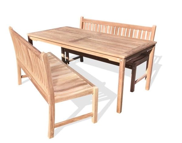 Cannes 71" x 35" Rectangular Teak Dining Table W/2 Windsor Armless 60" Benches w Backs