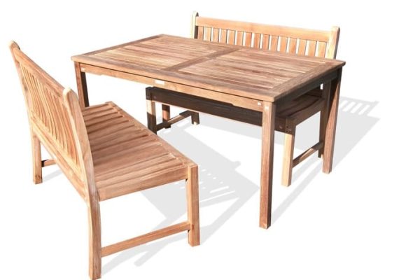 Cannes 59" x 35" Rectangular Teak Dining Table W/2 Windsor Armless 48" Benches w Backs