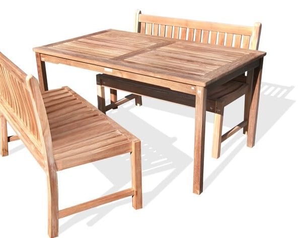 Cannes 59" x 35" Rectangular Teak Dining Table W/2 Windsor Armless 48" Benches w Backs