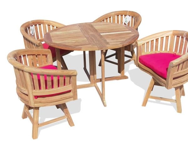 Barcelone 47" Round Drop Leaf Teak Table W/4 Kensington Teak Swivel Arm Chairs